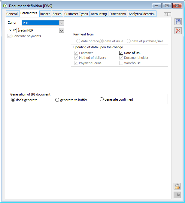 Definition of SII document, tab: Parameters