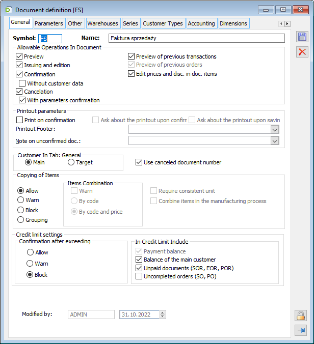 Document definition, tab: General (Sales invoice)