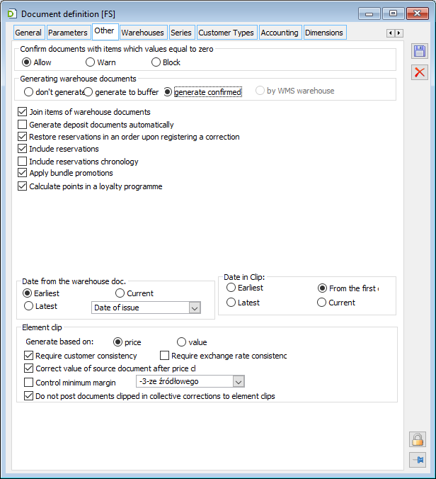 Commercial document definition, tab: Other