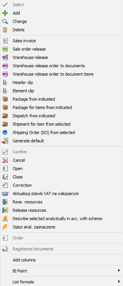 Context menu on the orders list.