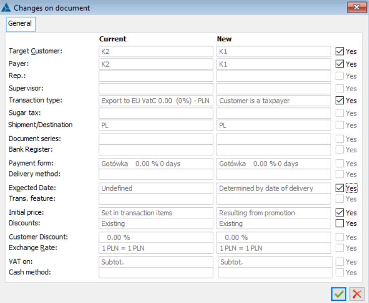 Sales order: Changes to the document.