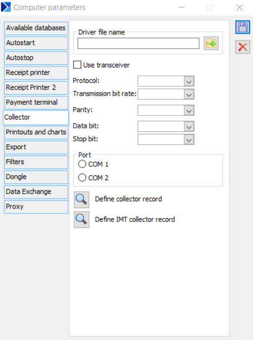 Computer parameters, tab: Mobile terminal