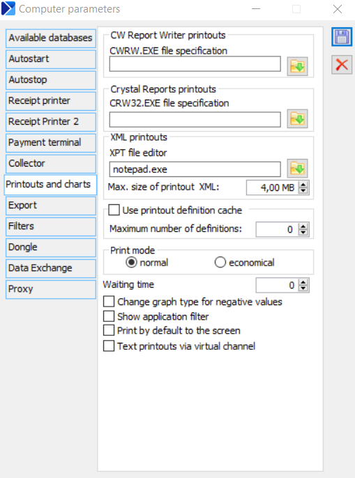 Computer parameters, tab: Printouts and charts