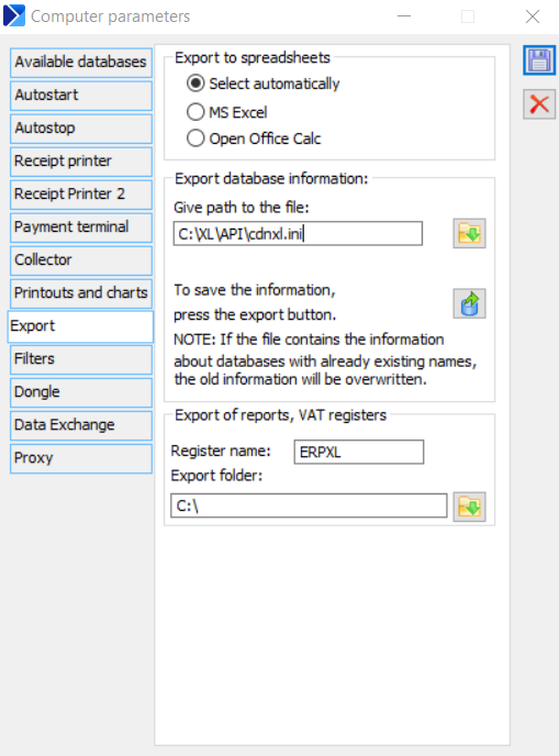 Computer parameters, tab: Export.