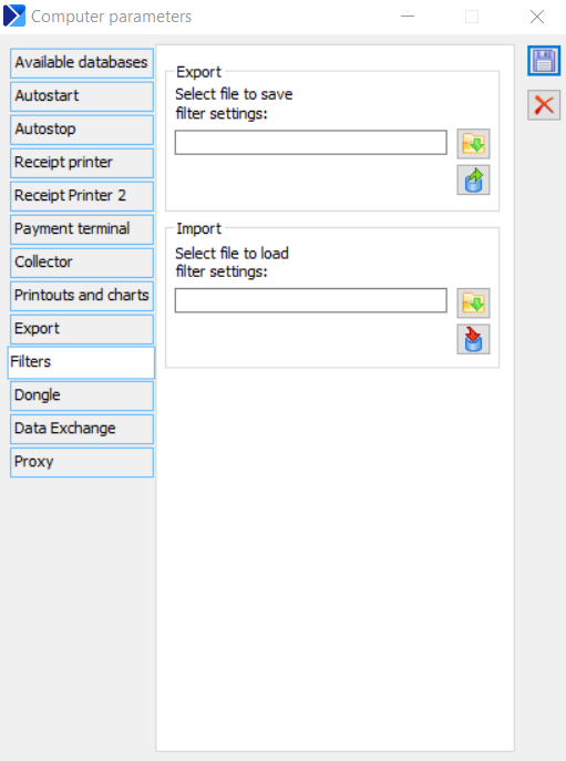 Computer parameters, tab: Filters.