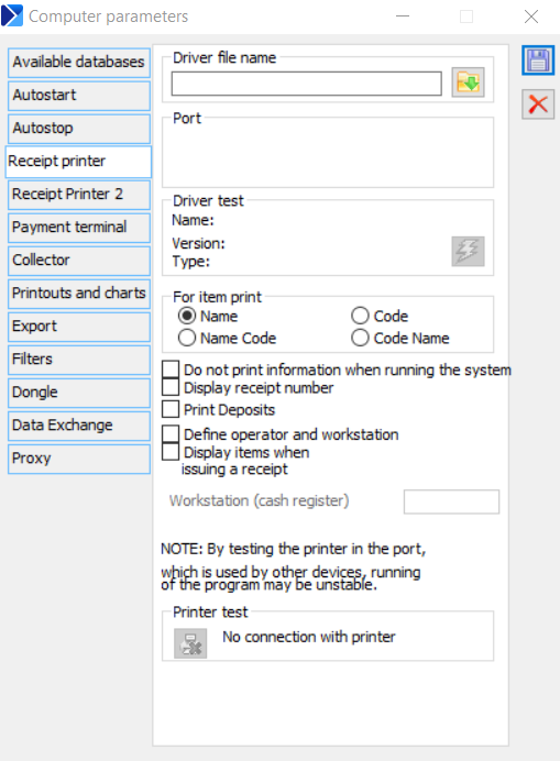 Computer parameters, tab: Fiscal printer