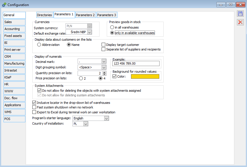 Configuration, tab: General/Parameters 1