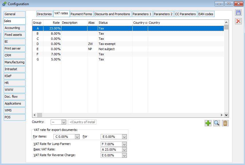 Configuration, tab: Sale/VAT rates