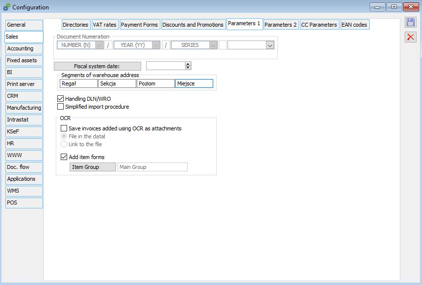 Configuration, tab: Sale/Parameters 1