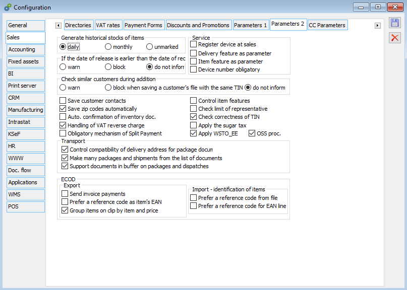 Configuration, tab: Sale/Parameters 2