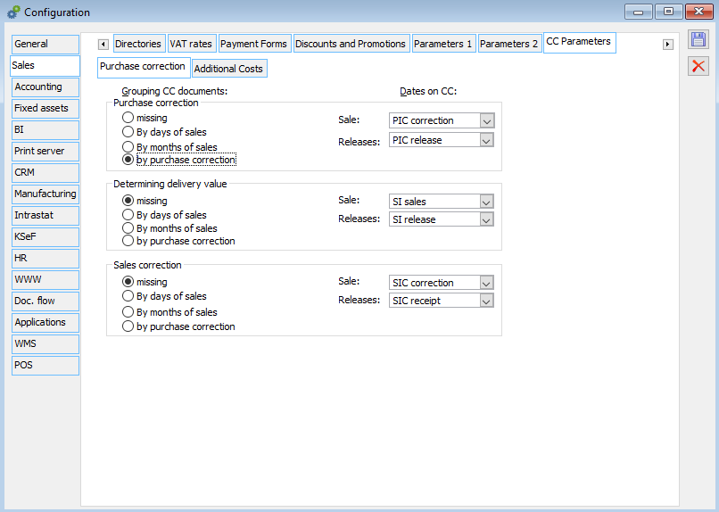 Configuration, tab: Sale/CC Parameters/Purchase adjustment