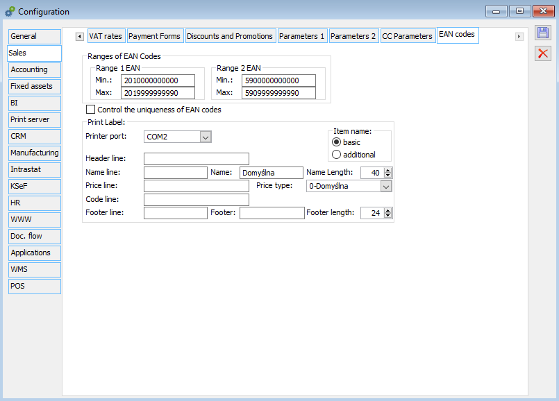 Configuration, tab: Sale, EAN codes