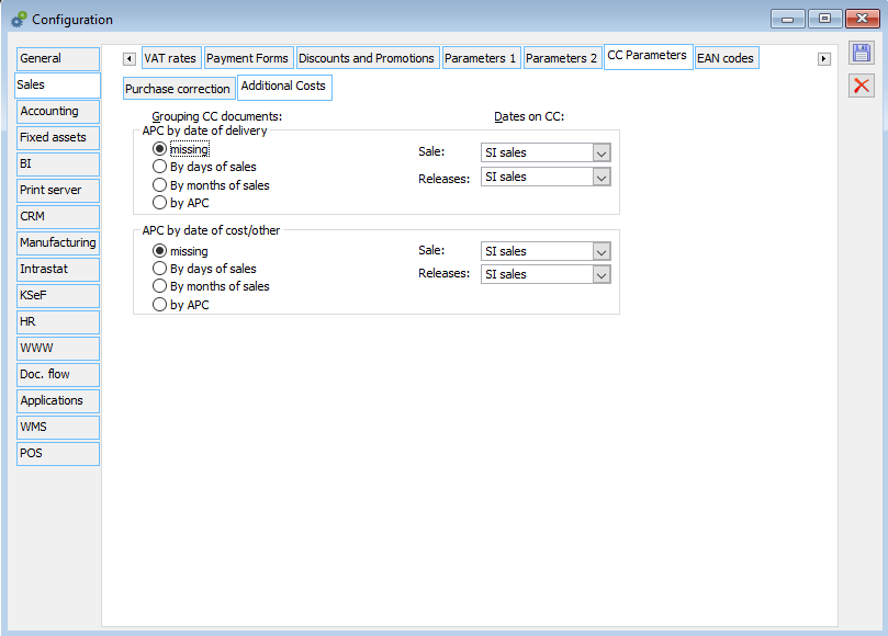 Configuration, tab: Sale/CC Parameters/Additional costs