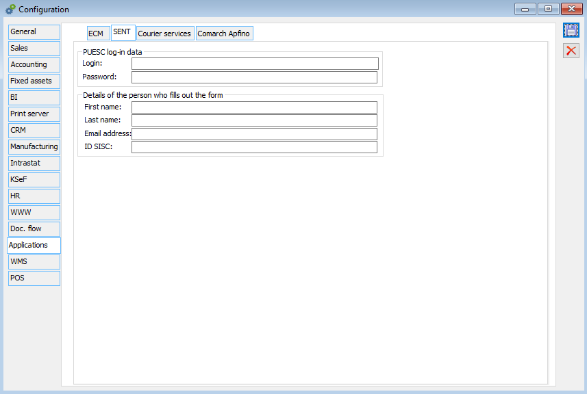Configuration/Applications, tab SENT