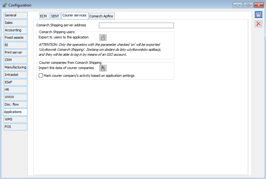 Configuration/Applications, tab Couriers