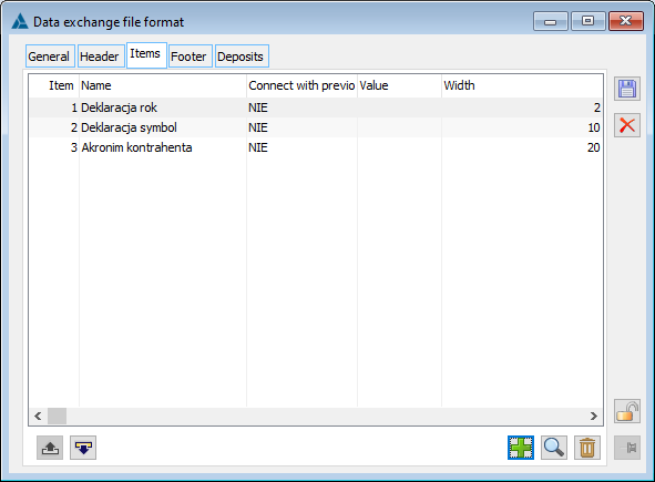 Edition of the exchange file format, tab: Item