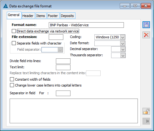 Edition of the exchange file format, tab: General