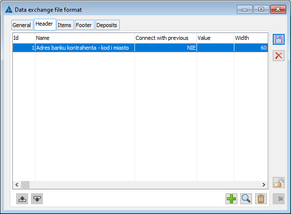 Edition of the exchange file format, tab: Header