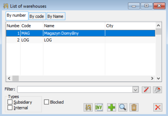 Warehouses list, tab: By number