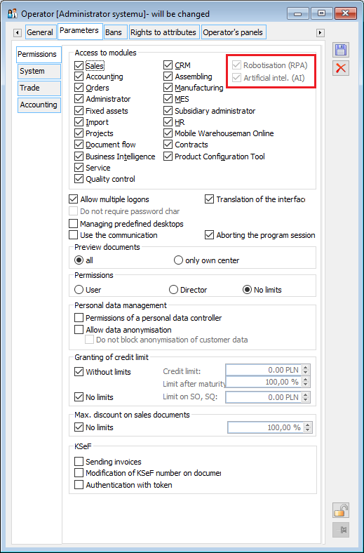 Modules: Robotic process automation and Artificial intelligence on the Operator’s card