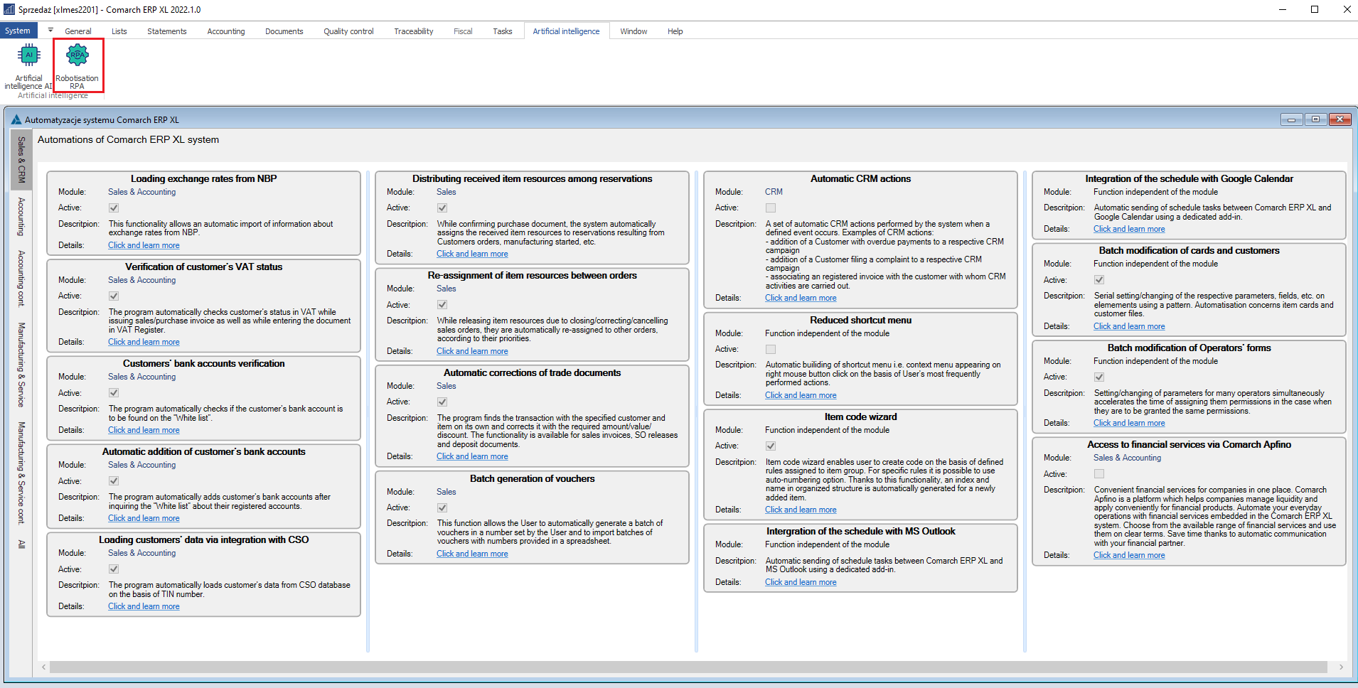 List of RPA functions, tab [Sales and CRM]