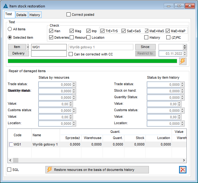 Stock of goods restoring, tab: Test