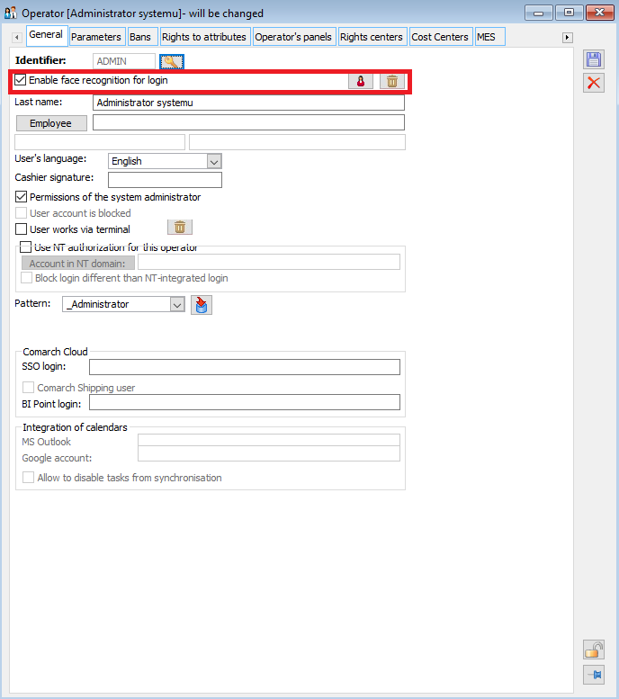 Operator’s right to login using face recognition