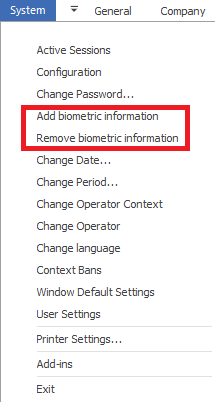 Assigning/deleting the User’s biometric features while working in the Sales module