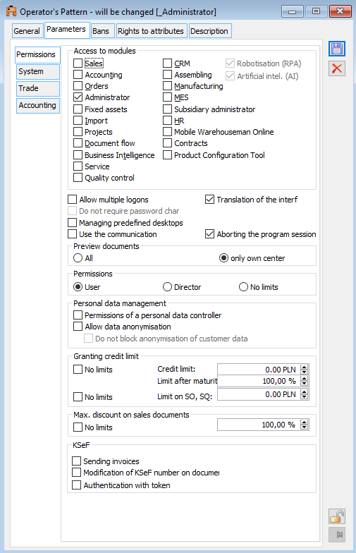 Operator’s template, tab: Parameters/Permissions