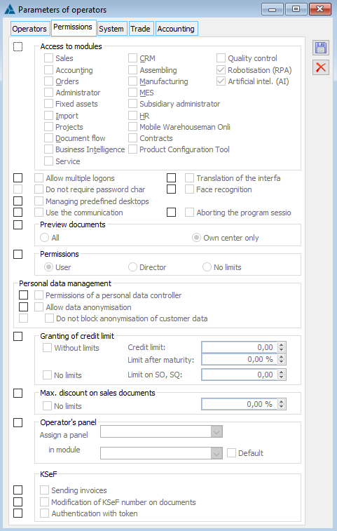 Operators parameters edition, tab: Permissions