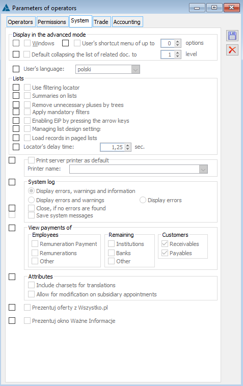 Operators parameters edition, tab: System