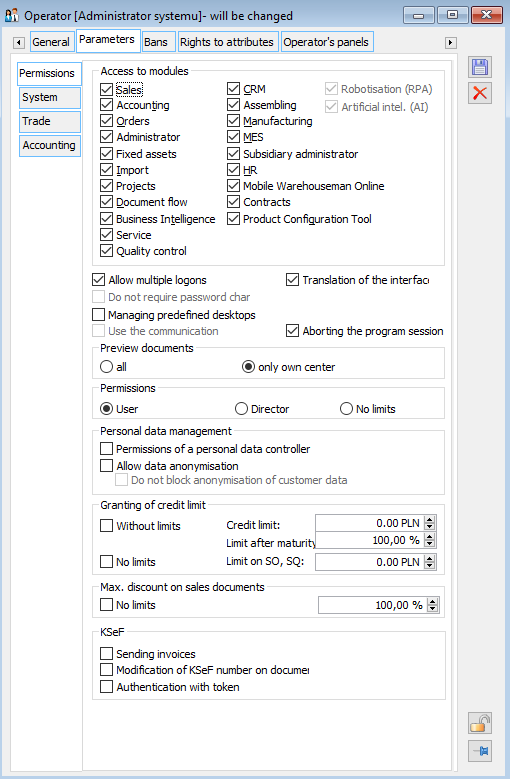 Operator, tab: Parameters/Permissions