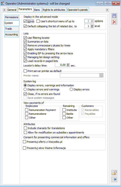 Operator, tab: Parameters/System