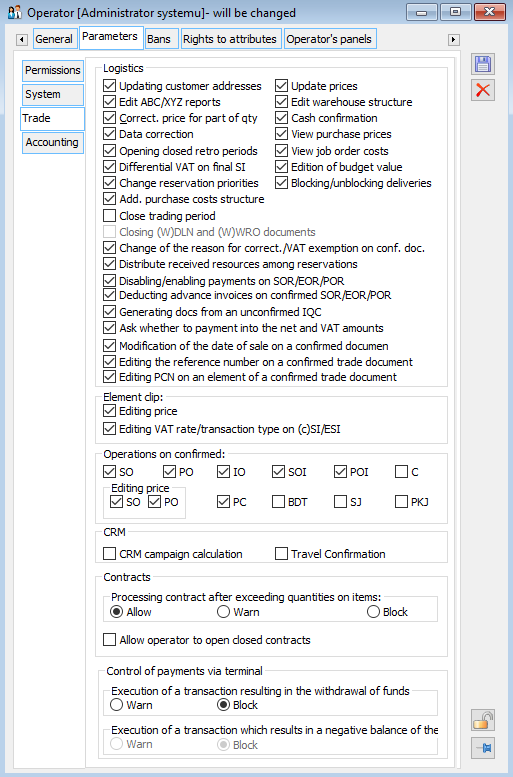 Operator, Parameters / Commercial