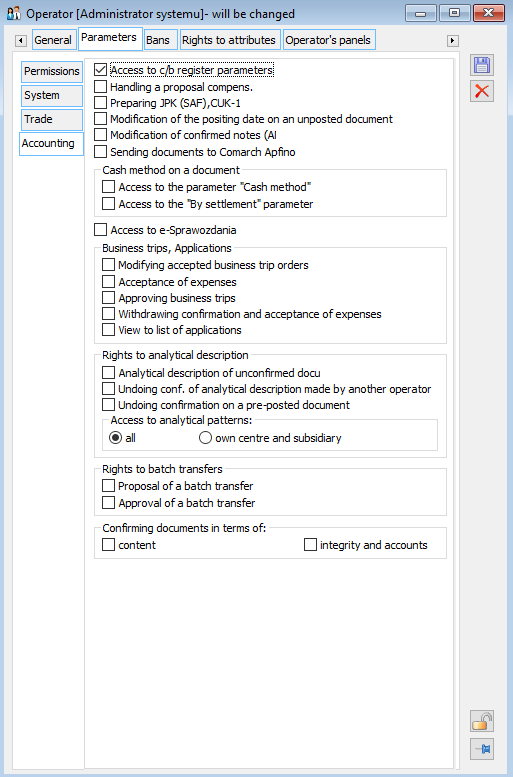 Operator, tab: Parameters / Accounting