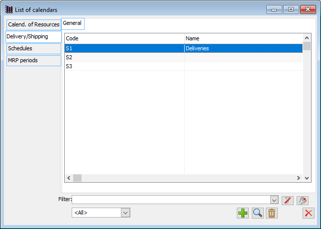 Calendars list, Deliveries/shipments, tab: General