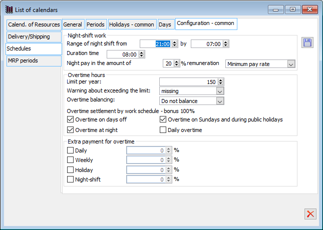 Calendars list, Schedules, tab: Configuration – common