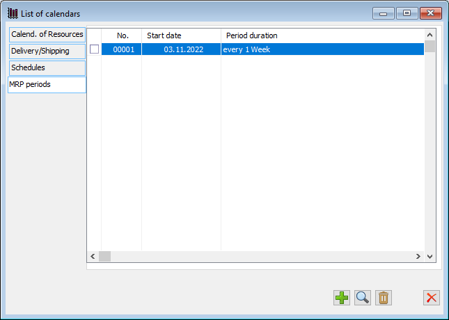Calendars list, MRP periods tab