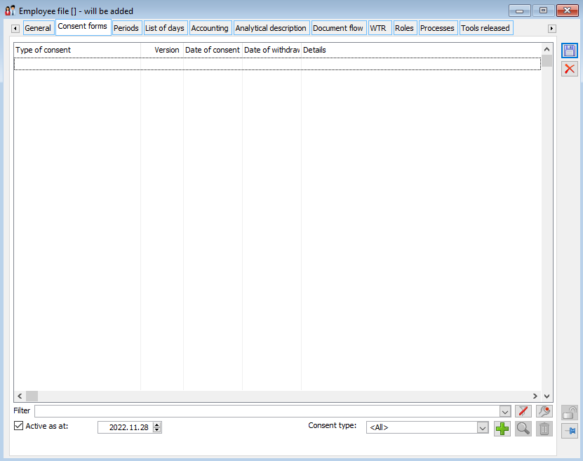 Employee card, tab: Consents