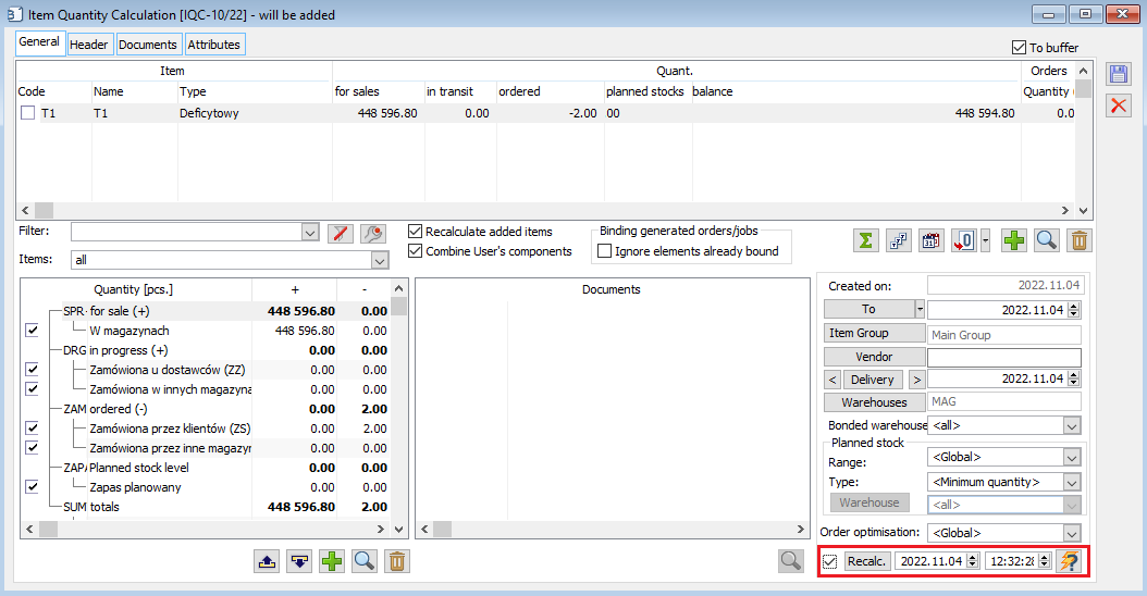 Setting the scheduled time for automatic recalculation of the IQC document