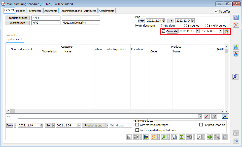 Setting the scheduled time for automatic recalculation of Production Plan document