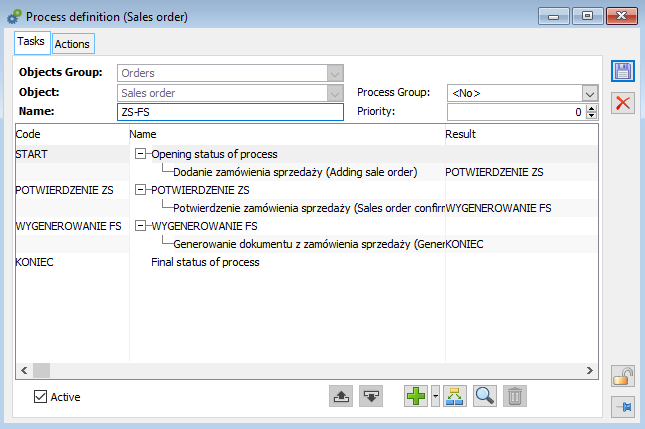 Process definition, tab: Tasks