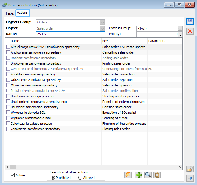 Process definition, tab: Actions