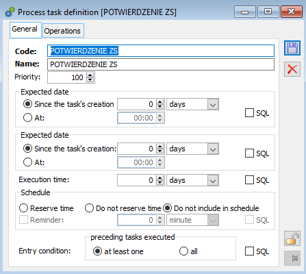 Process task definition, tab: General