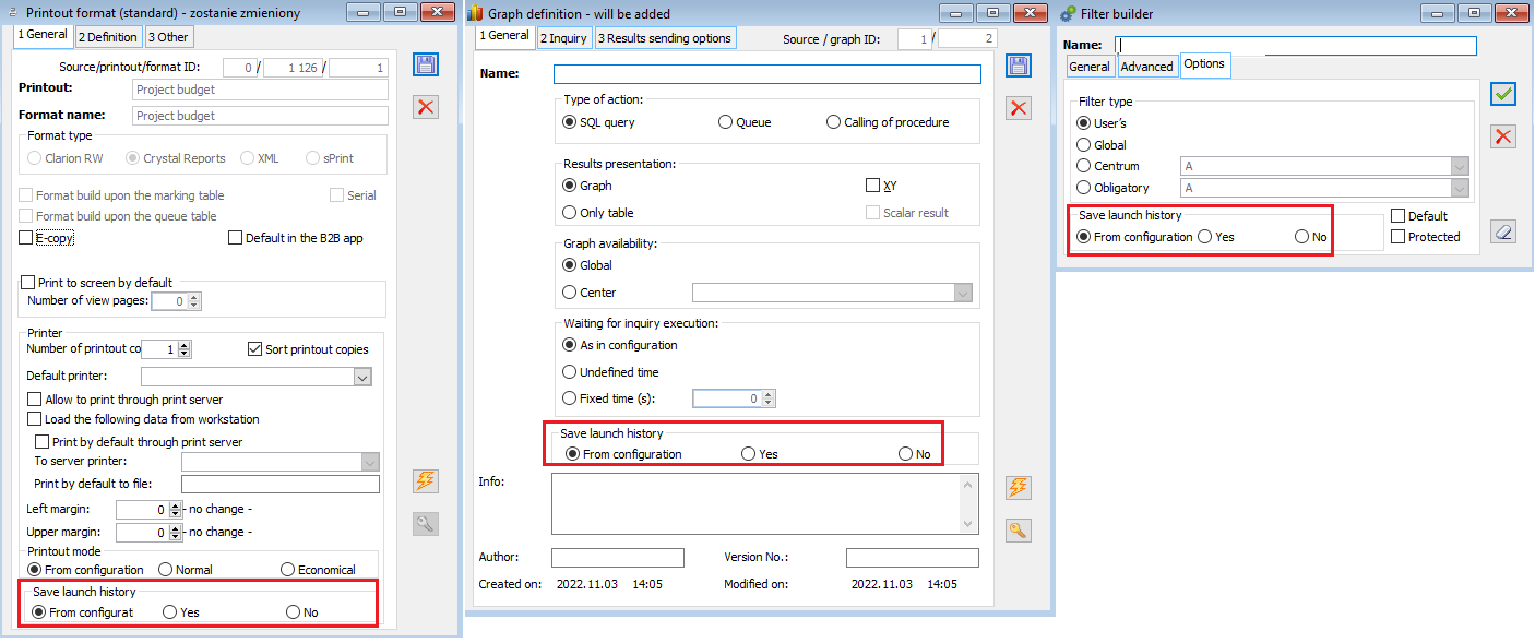 Print, chart, and filter configuration windows with the option to record uses selected