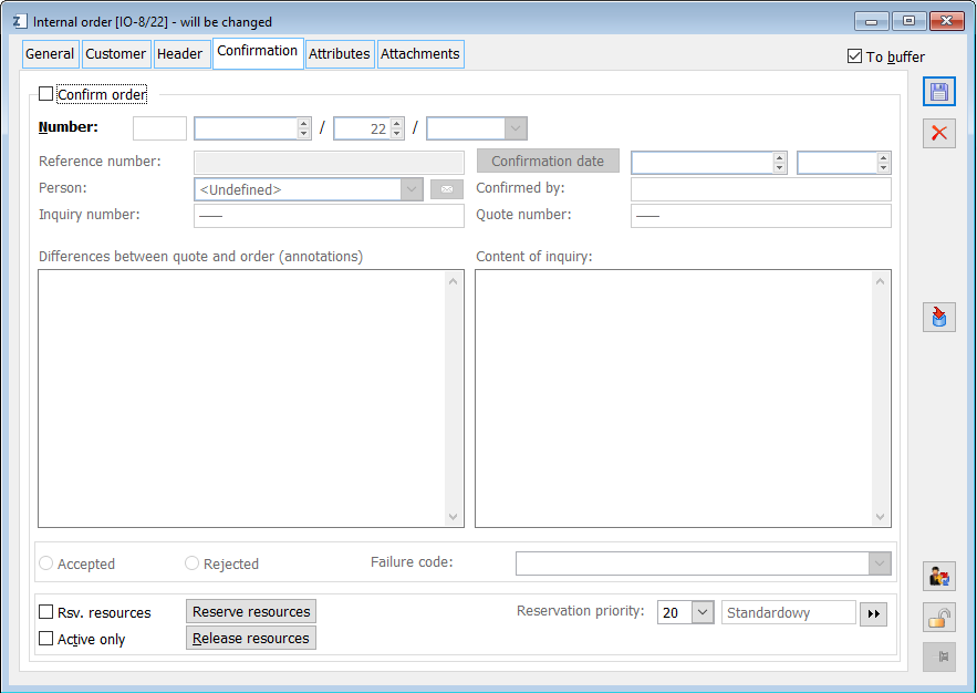 Internal order, tab: Confirmation.
