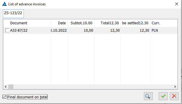 List of advance payment invoices, parameter: Final document from gross.