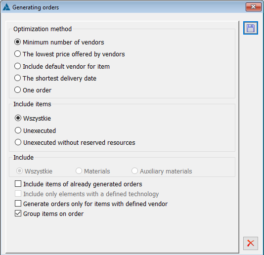 Selection of the manner of optimizing the orders list.