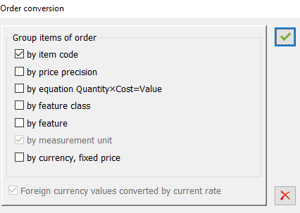 Window where it can be defined how the internal order items from which the MMW document is generated shall be grouped.