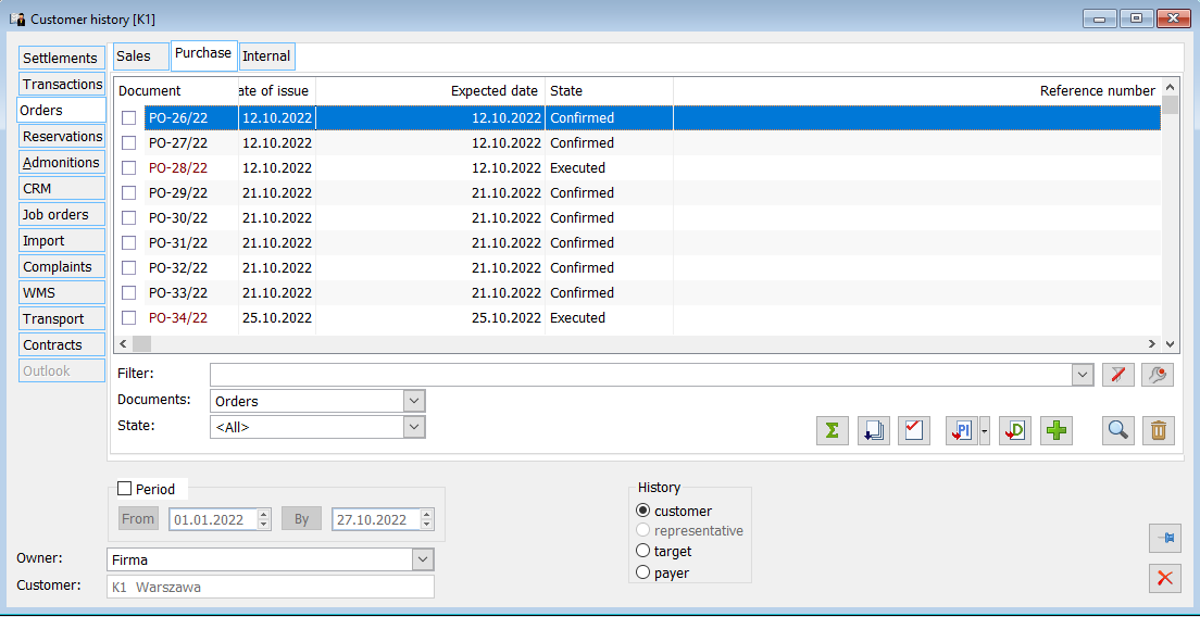 Selection of orders from which a commercial document will be generated.